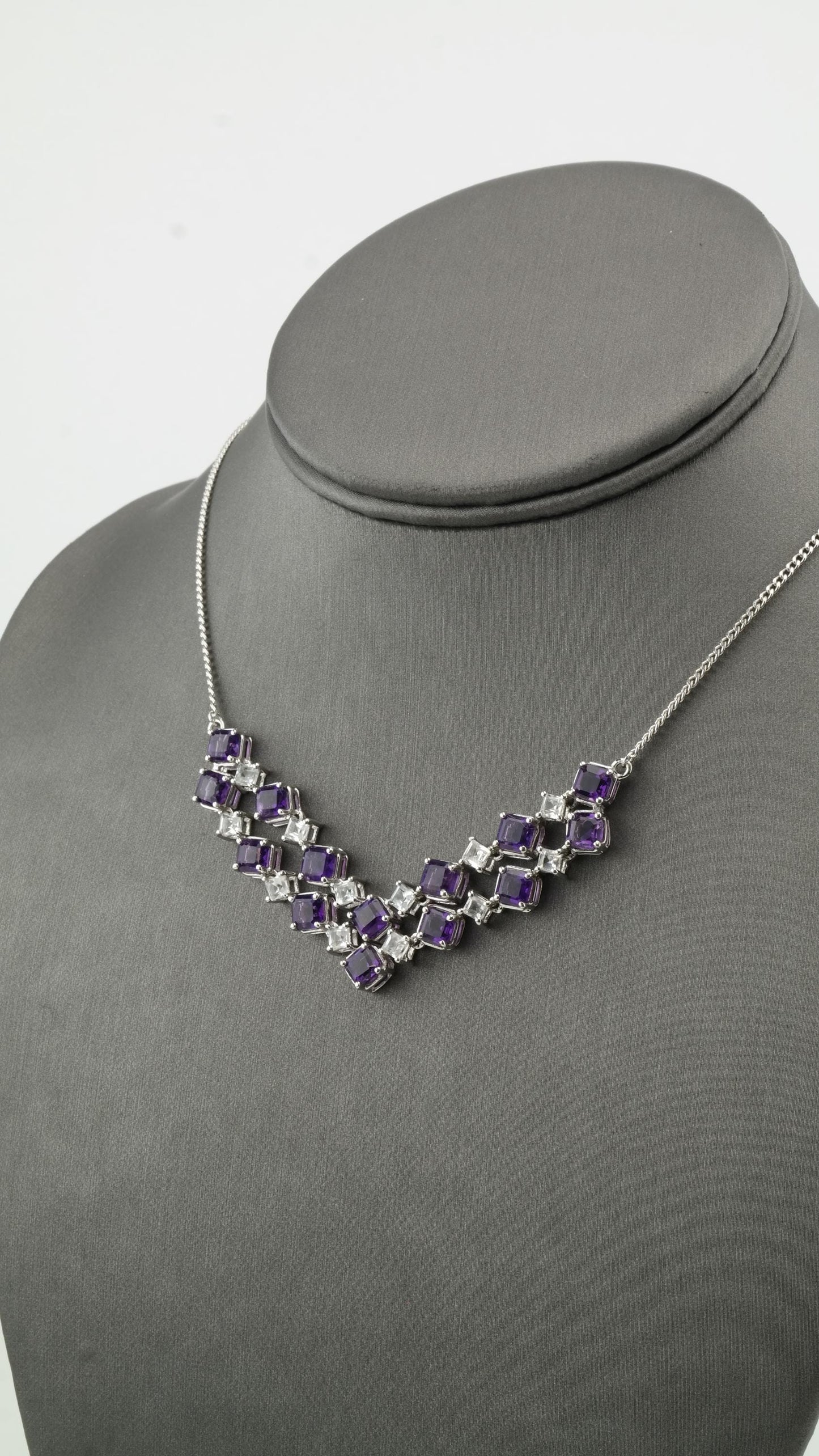 Sterling Silver Amethyst & Topaz Necklace | Geometric Design | Adjustable Length