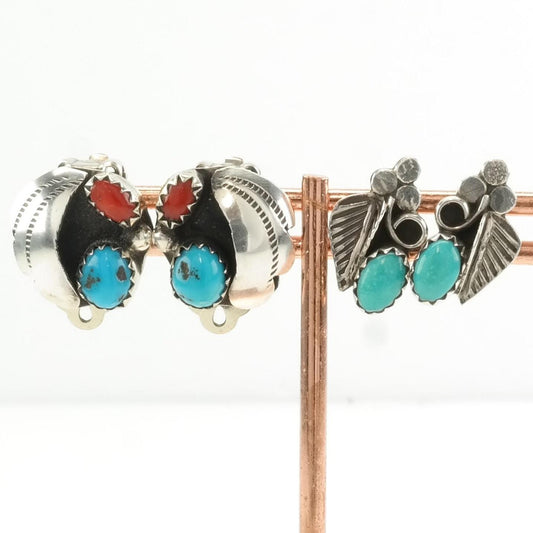 Choice of Vintage Sterling Silver Clip on, Stud Earrings Native American Blue, Red Turquoise, Coral Floral