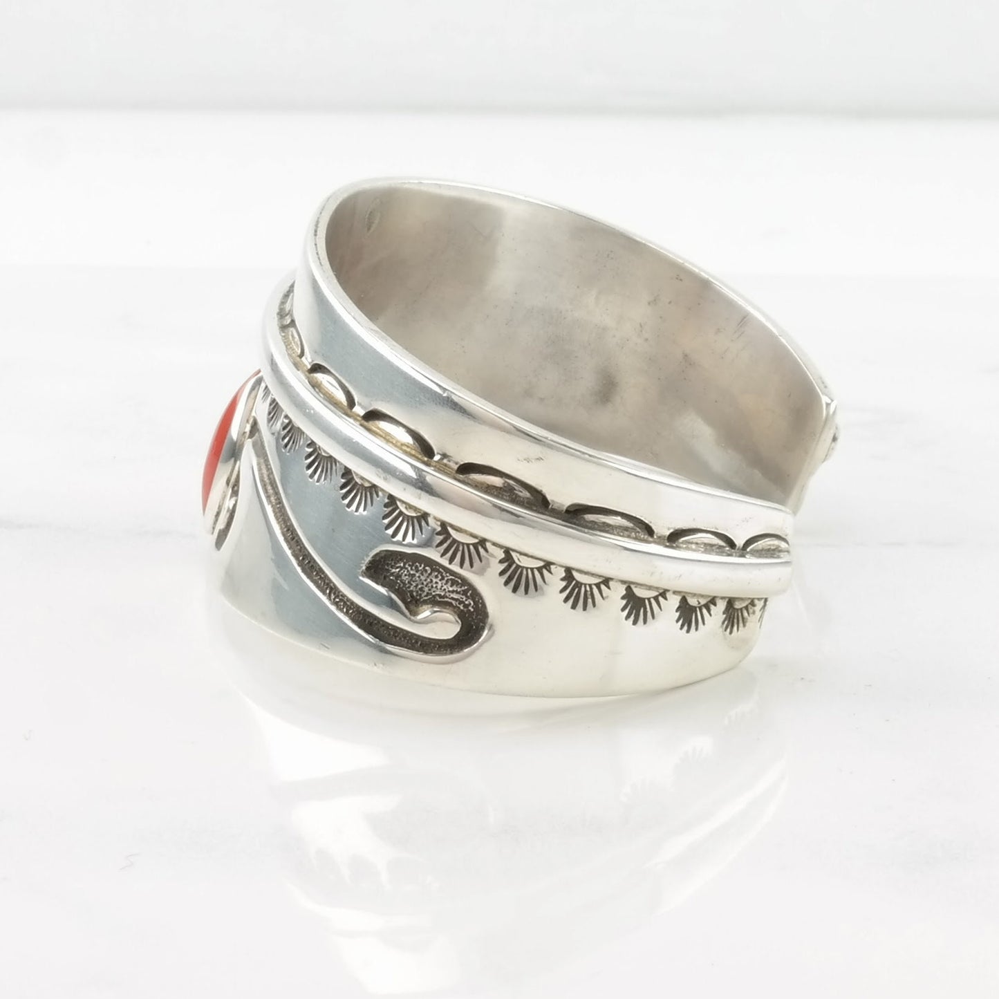 Native American Sterling Silver Cuff Bracelet Red Coral Stamped