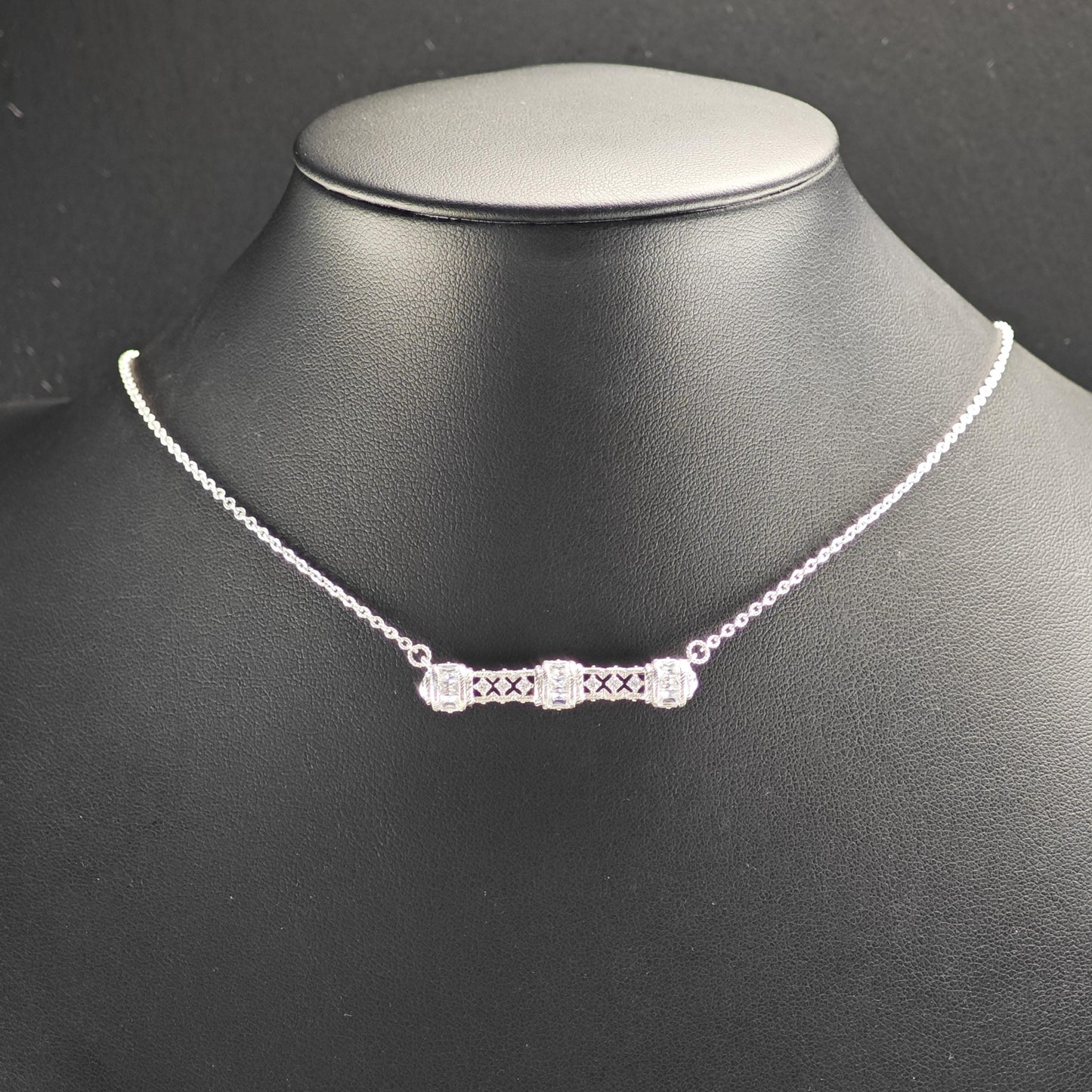 Vintage Judith Ripka DQCZ Bar Necklace Sterling Silver N2738