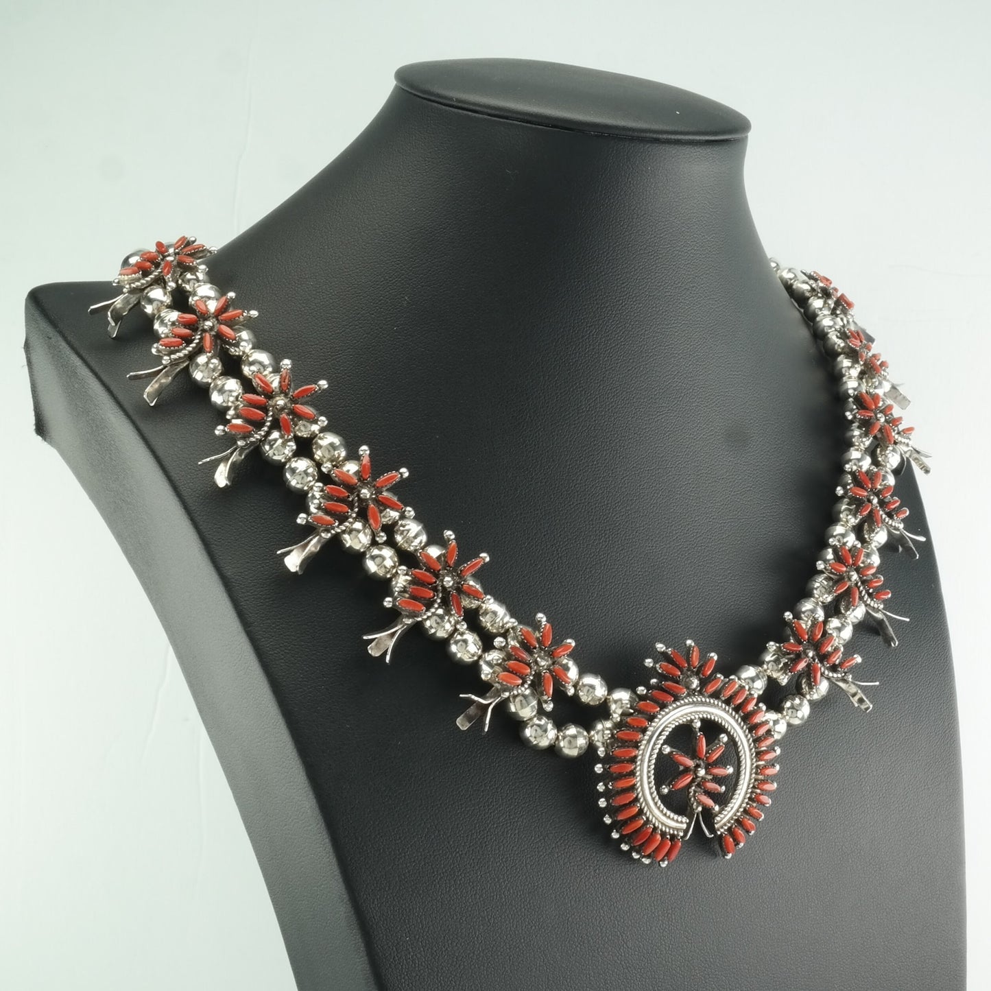 Zuni Sterling Silver Red Coral Petit Point, Floral Squash Blossom Necklace