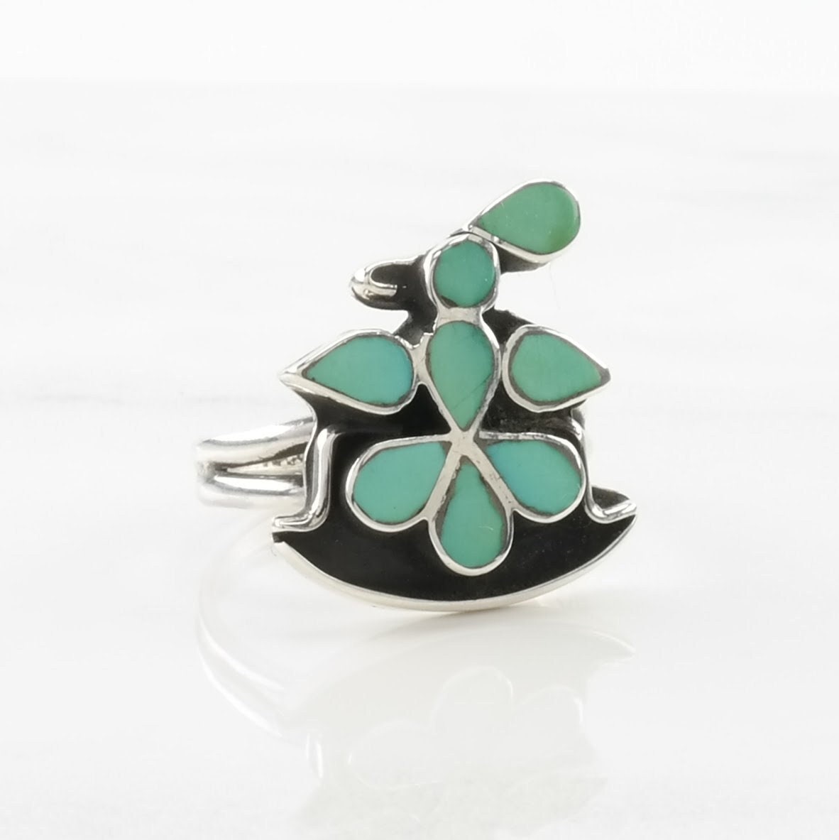 Native American Silver Ring Turquoise Inlay, Bird Sterling Blue Size 6 1/2