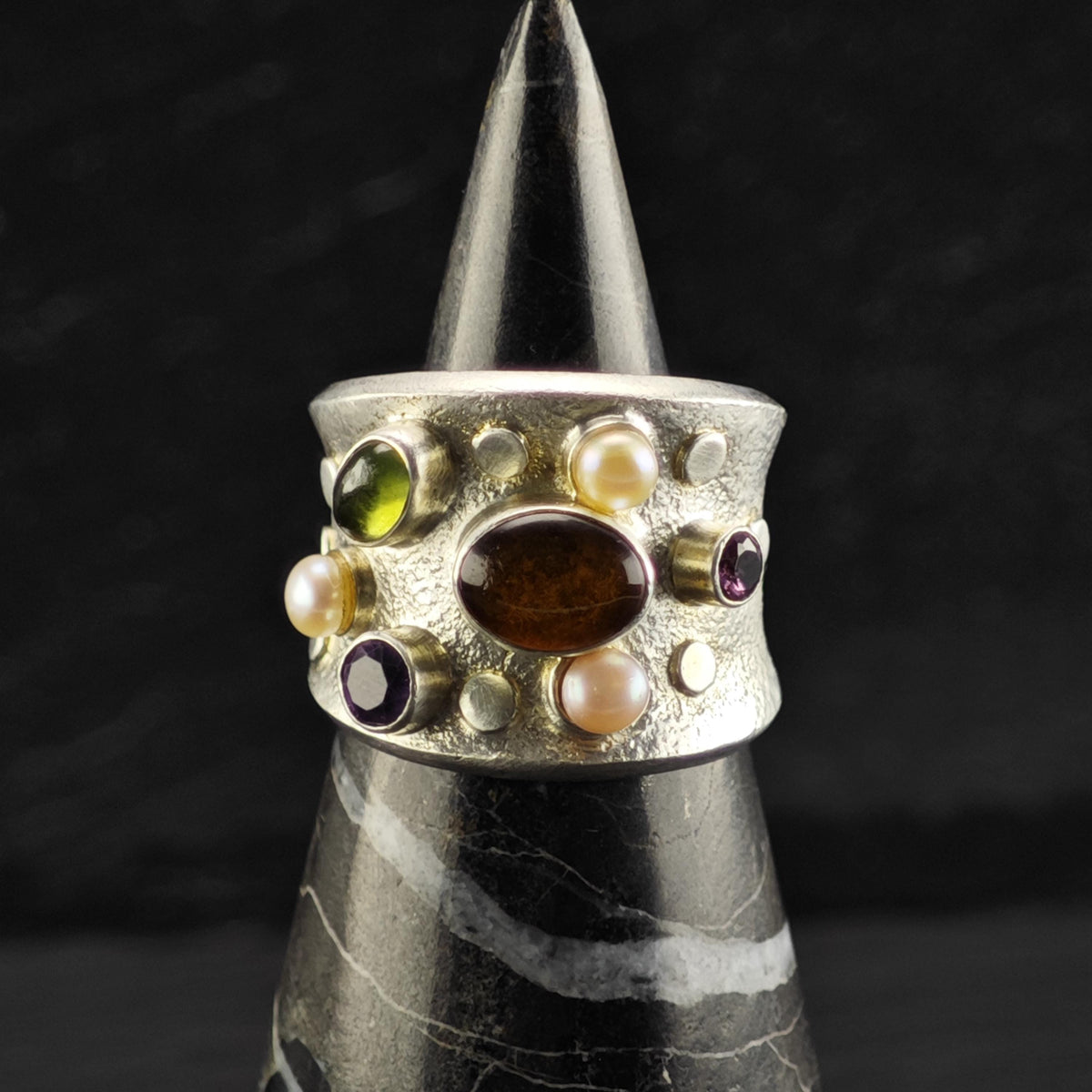 Multistone Abstract Band Sterling Silver Ring Sz 8 R6879