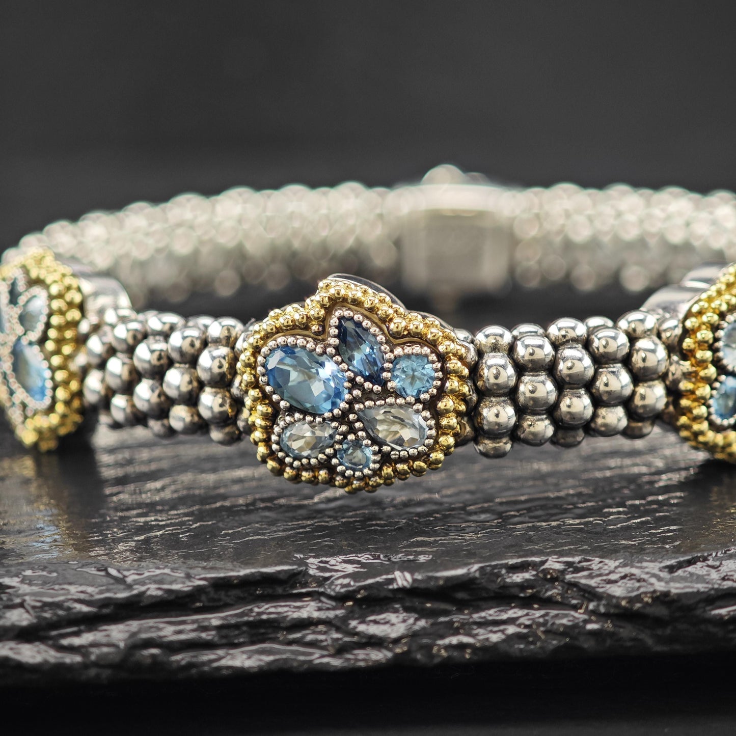 LAGOS 18K Yellow Gold, Blue Topaz Caviar Bracelet Sterling Silver Sz 6 1/4"