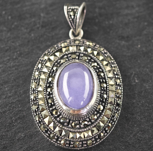 Vintage Marcasite Jade, Oval Pendant Sterling Silver