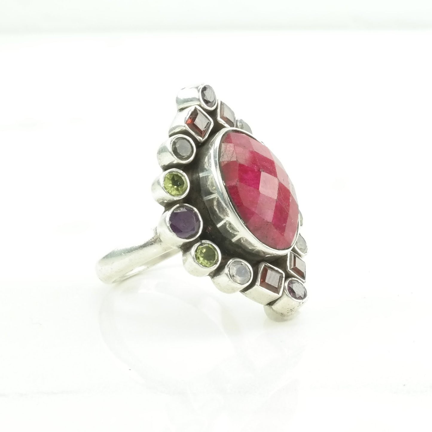 Nicky Butler SilverRing Ruby Cordundum Peridot, Amethyst, Garnet Sterling Pink Size 9