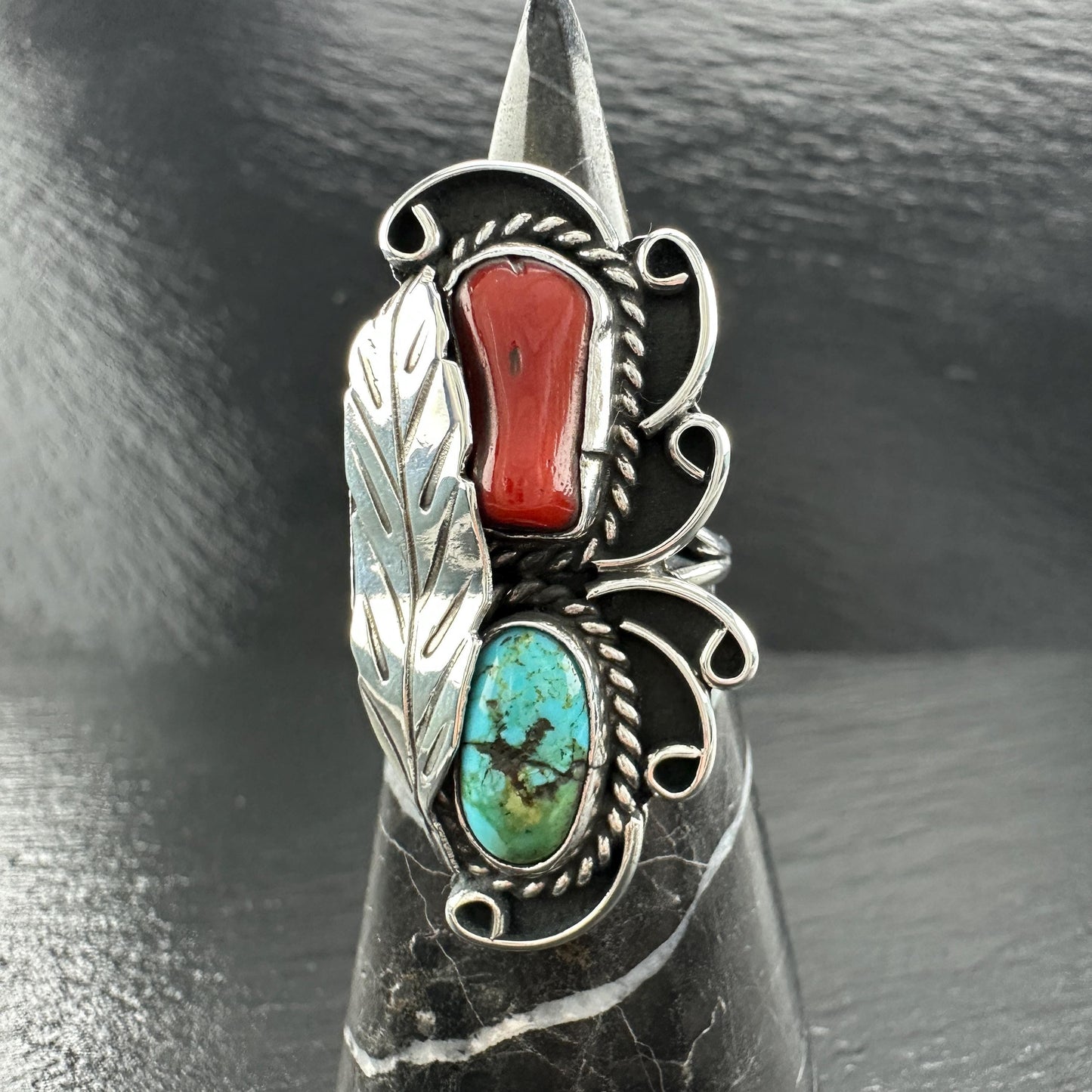 Turquoise Coral Ring Sterling Silver Native American R5826