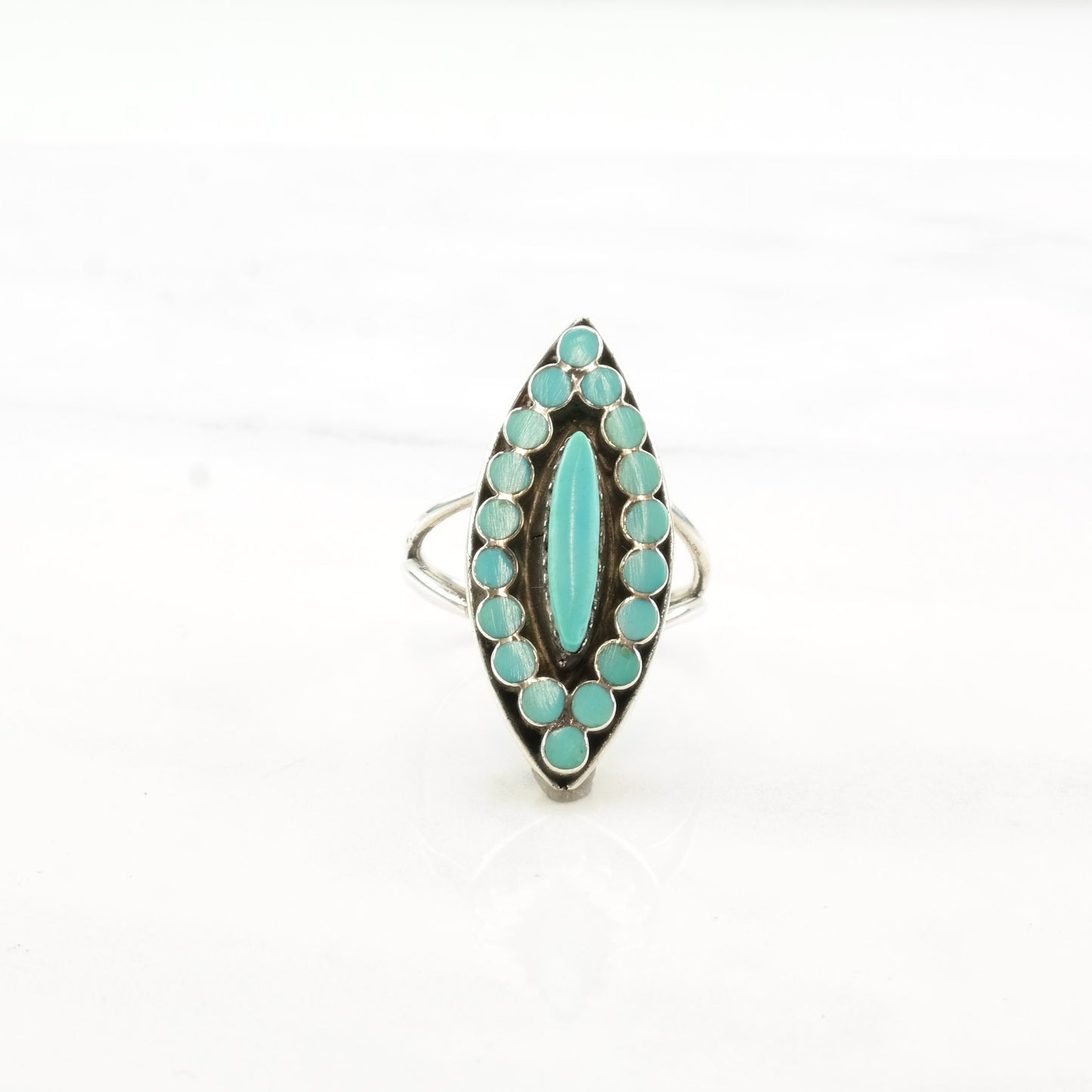 Vintage Dishta Style Silver Ring Turquoise Cluster Zuni Sterling Size 8 1/2