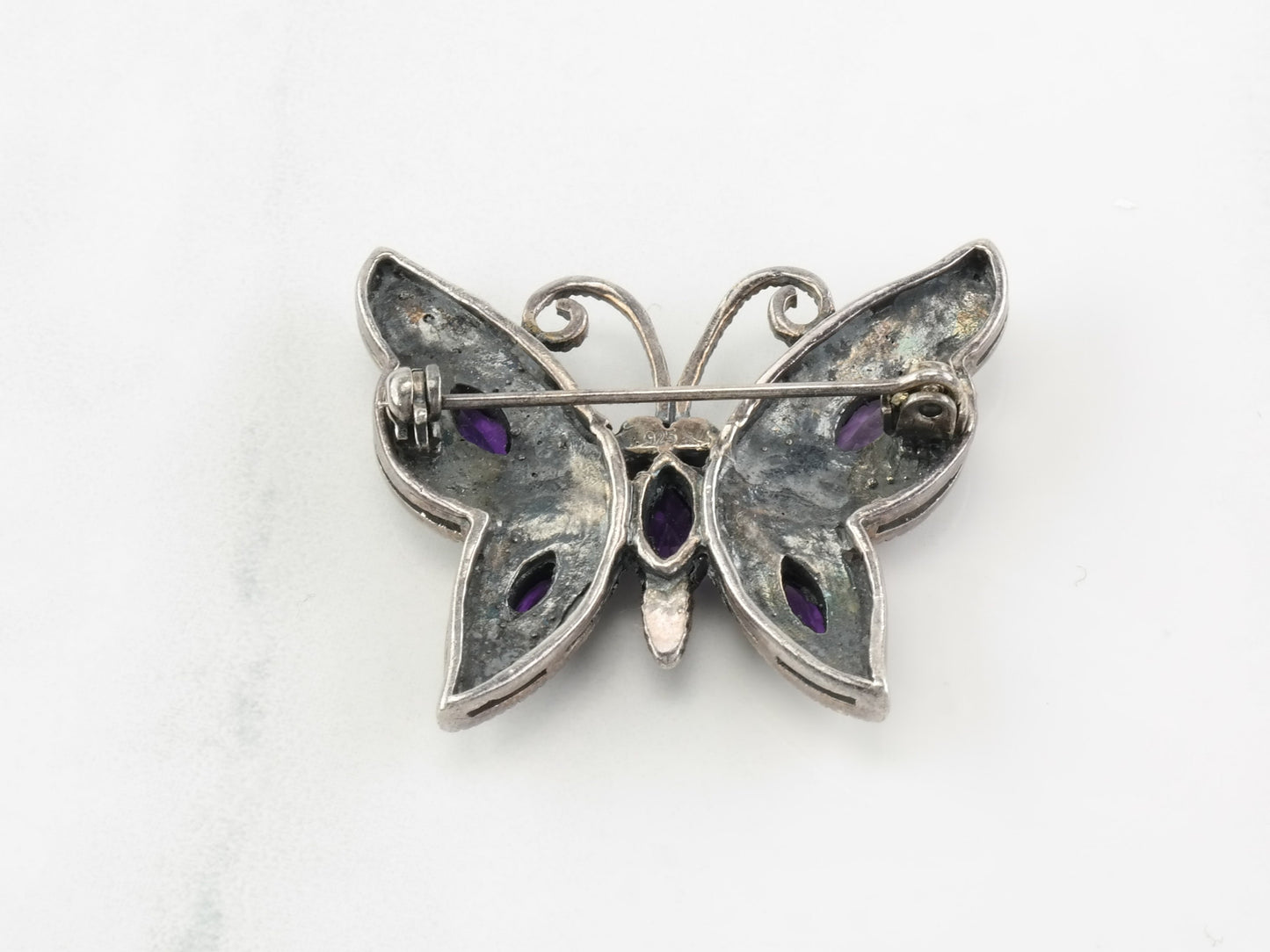 Art Deco Brooch Butterfly Amethyst Marcasite Sterling Silver