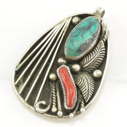 Vintage Native American Turquoise, Coral Leaf Sterling Silver Pendant