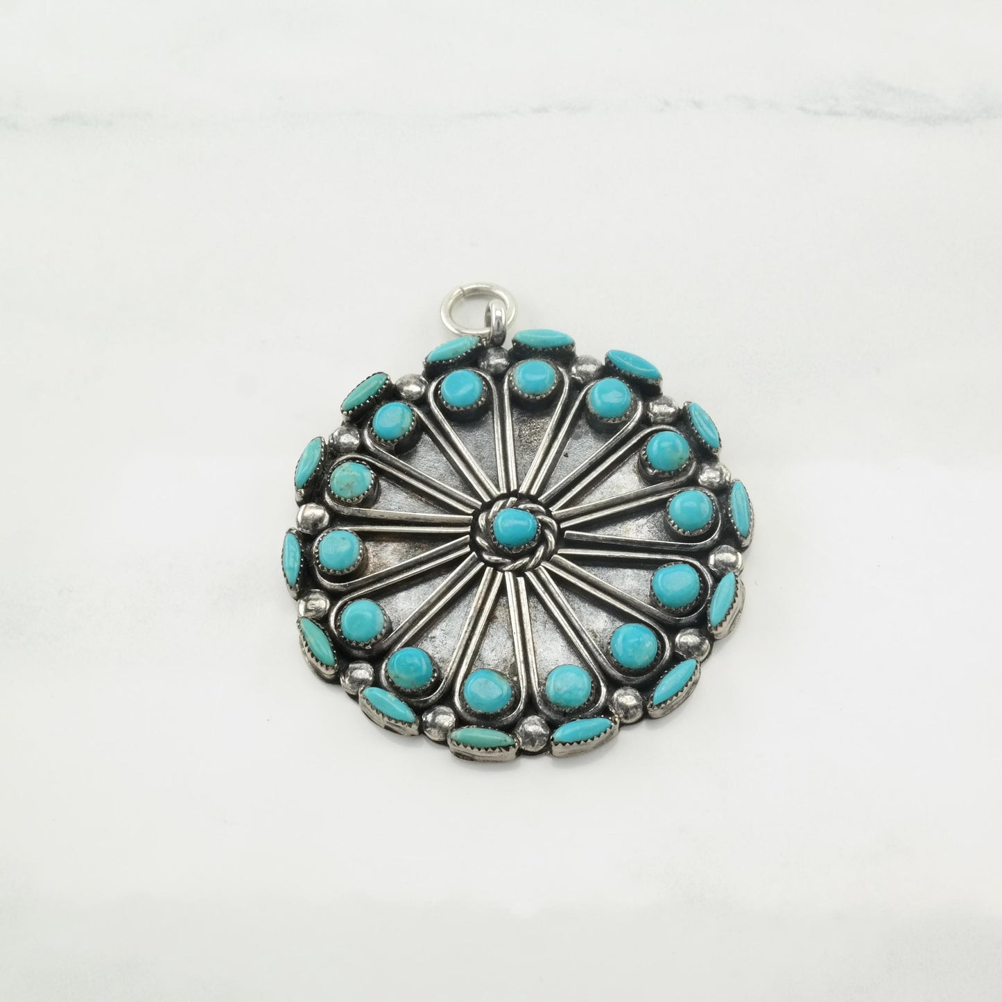 Vintage Zuni Turquoise Cluster Pendant Native American Floral Sterling Silver