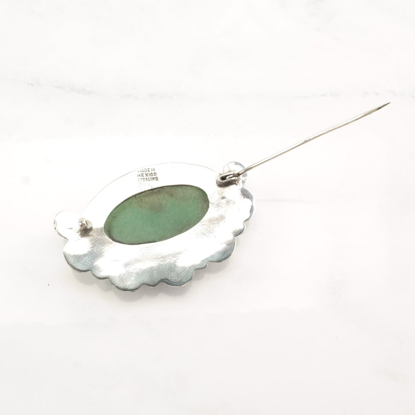 Taxco Sterling Silver Brooch Large Oval Guatemalan Jade