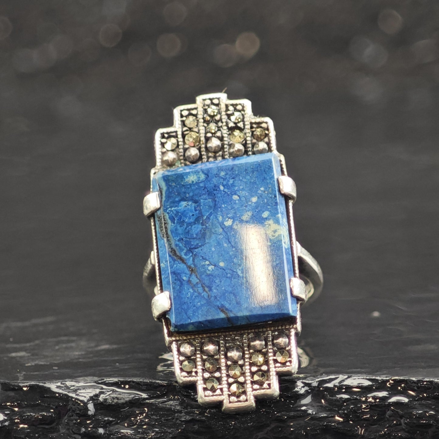 Art Deco Blue Gemstone Sterling Silver Ring Sz 3 1/4 R6593