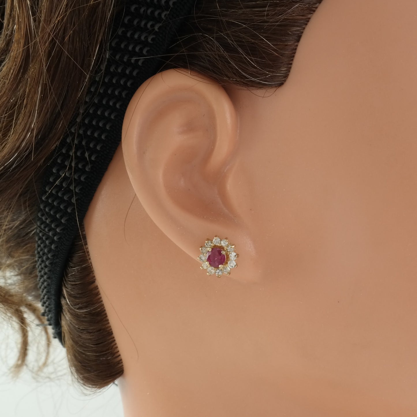 Sterling Silver Pink Ruby, Diamond, Halo Earrings Stud