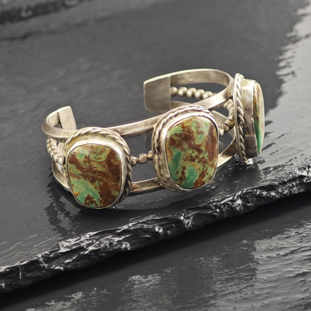 Ceremonial Kingman Turquoise Trio Sterling Silver Cuff Sz 6 " BR3137