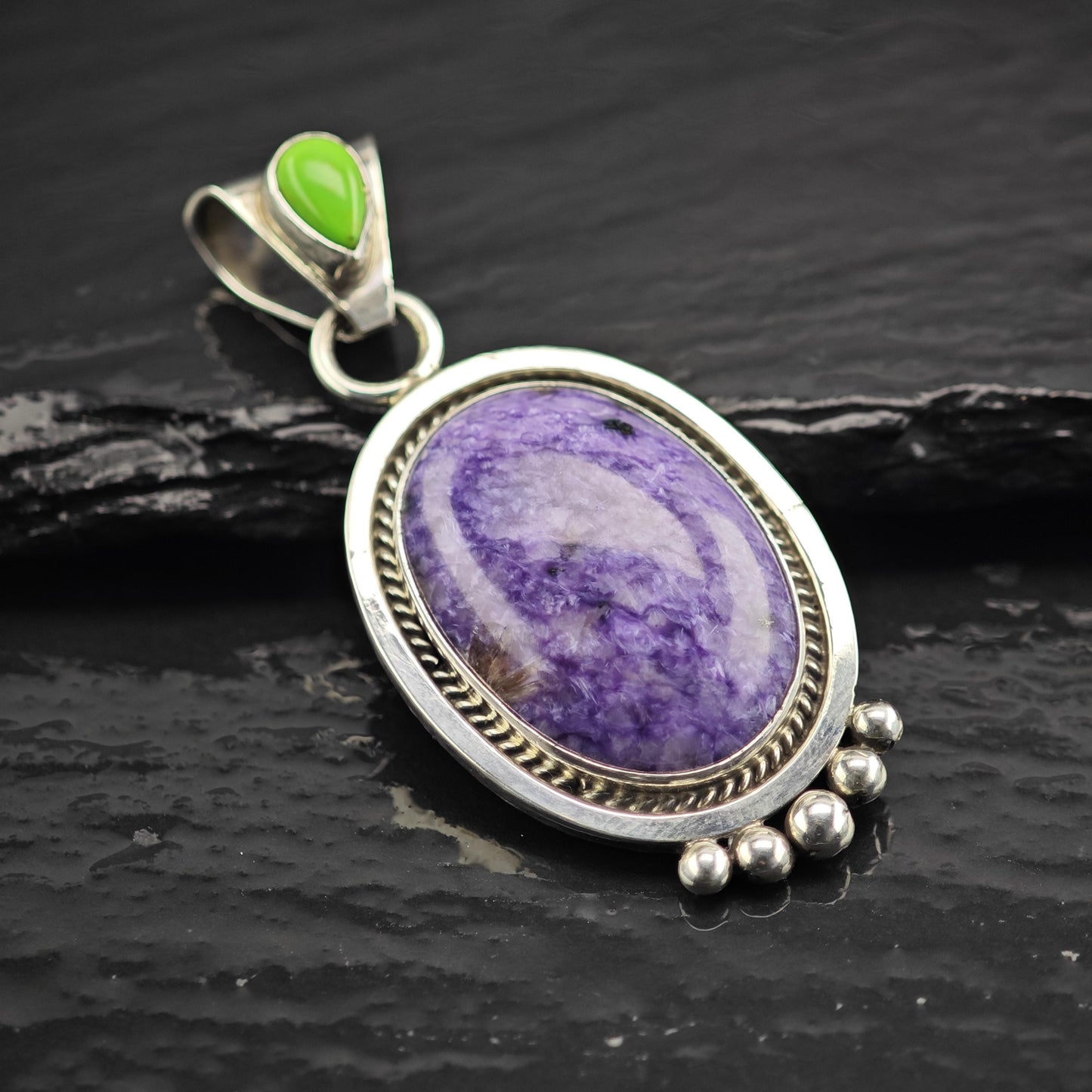 Vintage Running Bear Charoite Pendant Sterling Silver P3065