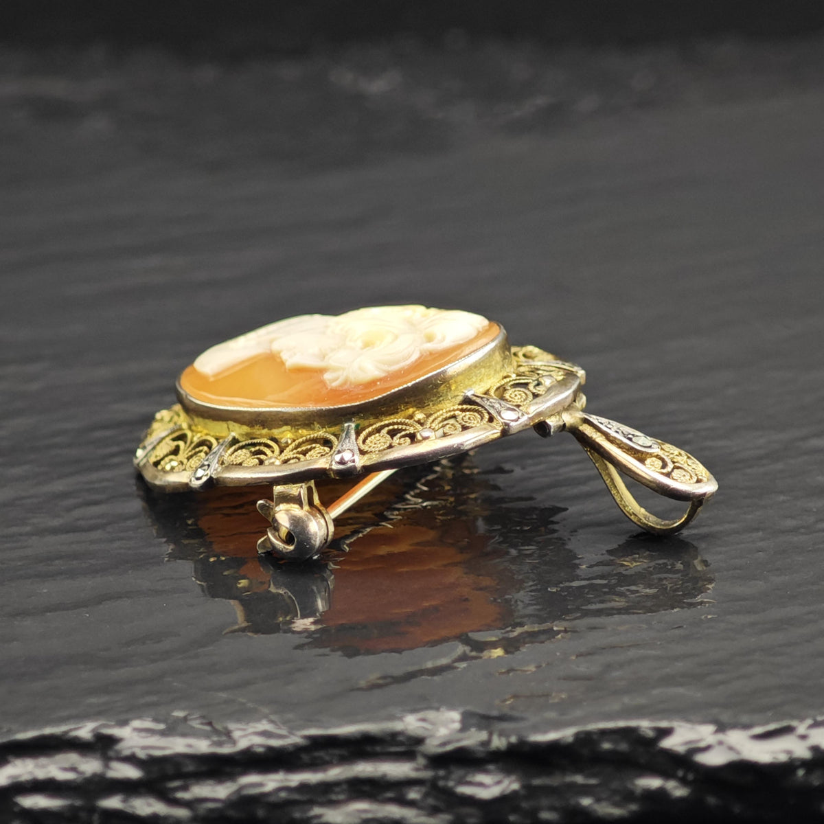 Art Deco Cameo Gold Gilded Sterling Silver Pendant/Brooch P3126