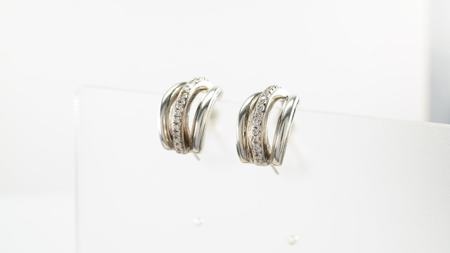 Minimalist Designer Sterling Silver Diamond Earrings French Back