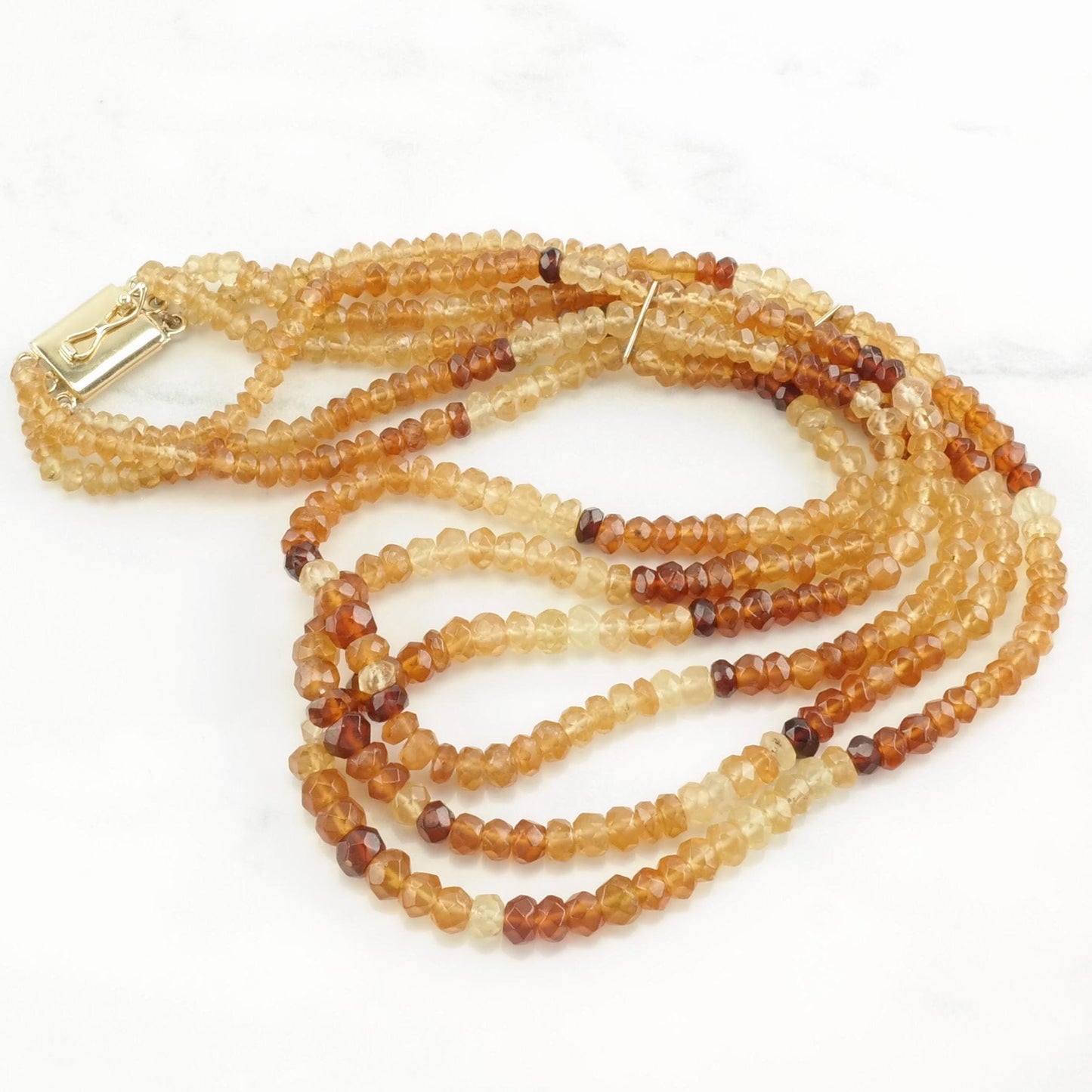 Vintage Sterling Silver Orange Citrine, 14K gold 3 Strand, Bead Necklace