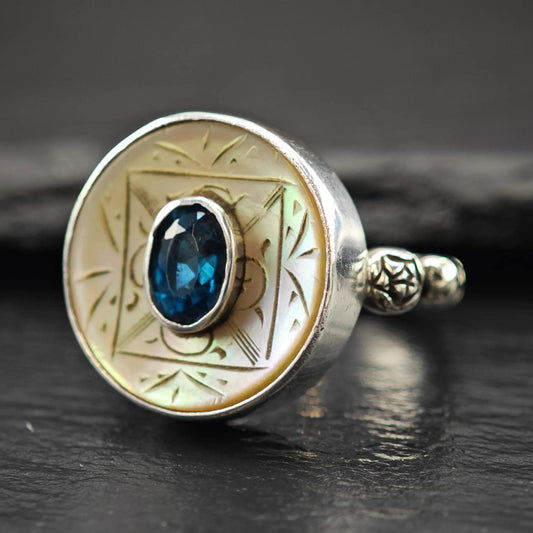 Topaz and Mother of Pearl Ring: Sterling Silver Size 7 3/4