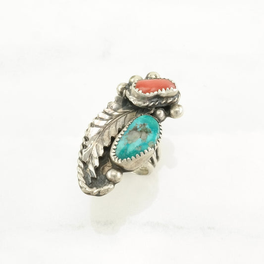 Native American Silver Ring Turquoise, Coral Leaf Sterling Blue, Red Size 6 1/2