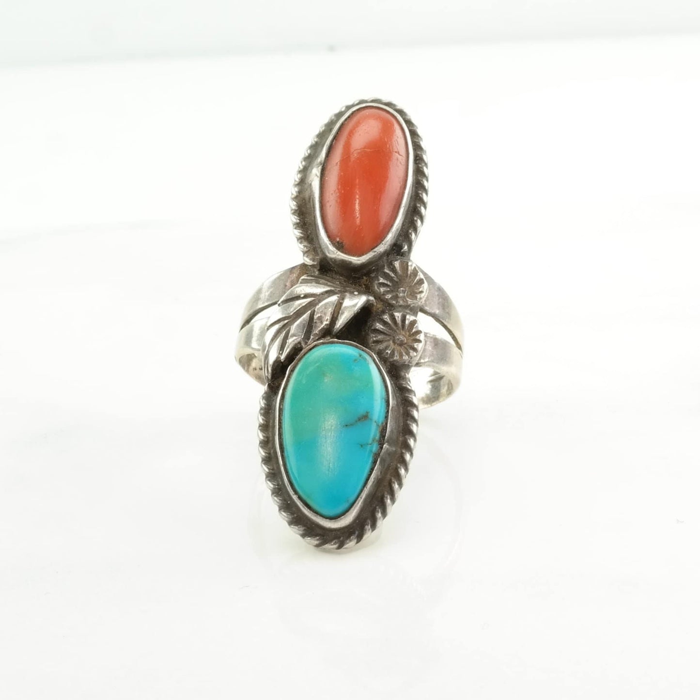 Native American Silver Ring Turquoise, Coral Floral Sterling Blue, Red Size 9 1/2