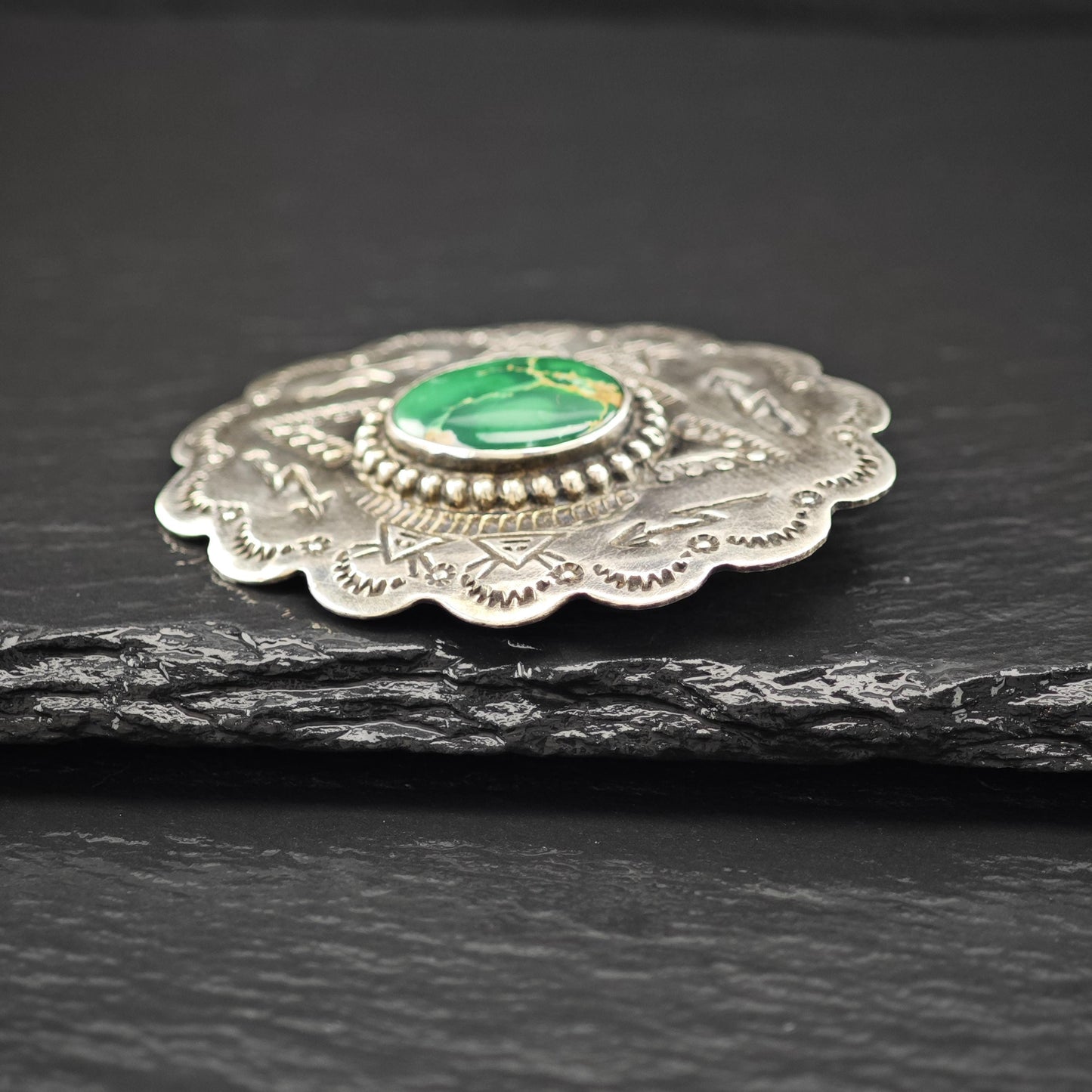 Vintage Native American Sterling Silver Brooch Stamped Green Turquoise