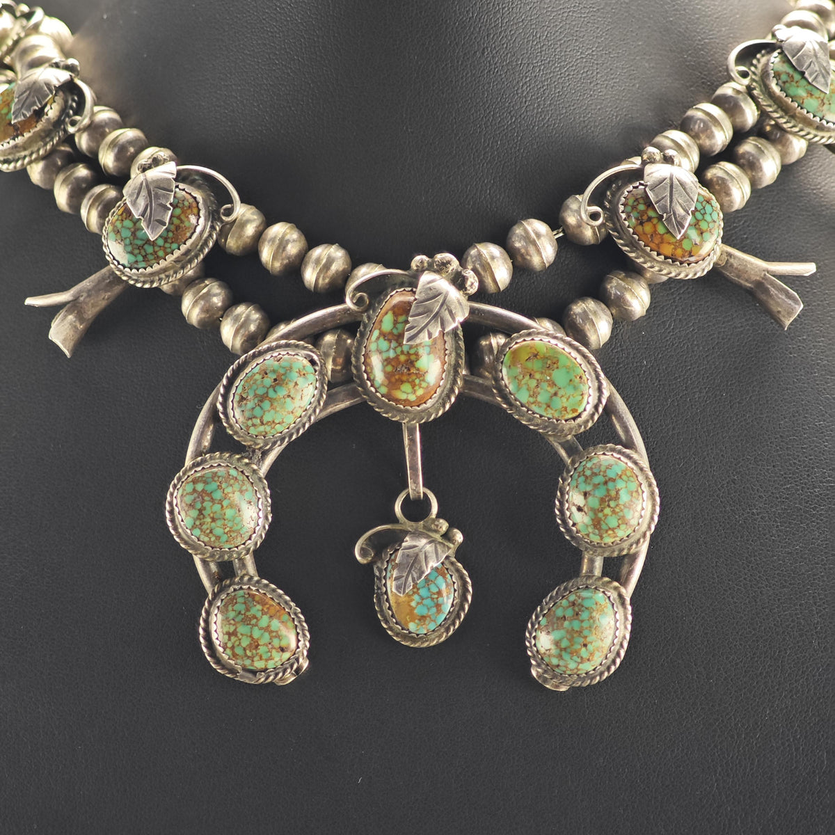 Vintage Navajo, Native American Royston Spiderweb Turquoise By Rose A. Chee Sterling Silver Squash Blossom Necklace N2767