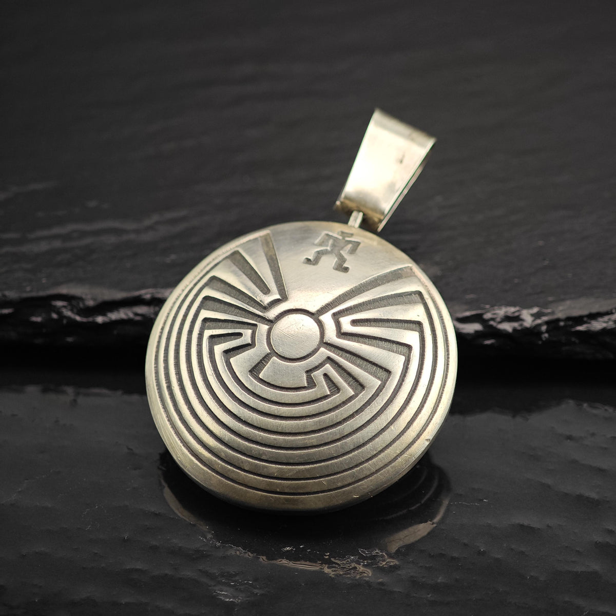 Hopi Overlay Tapuat Overlay Round Sterling Silver Pendant P3136