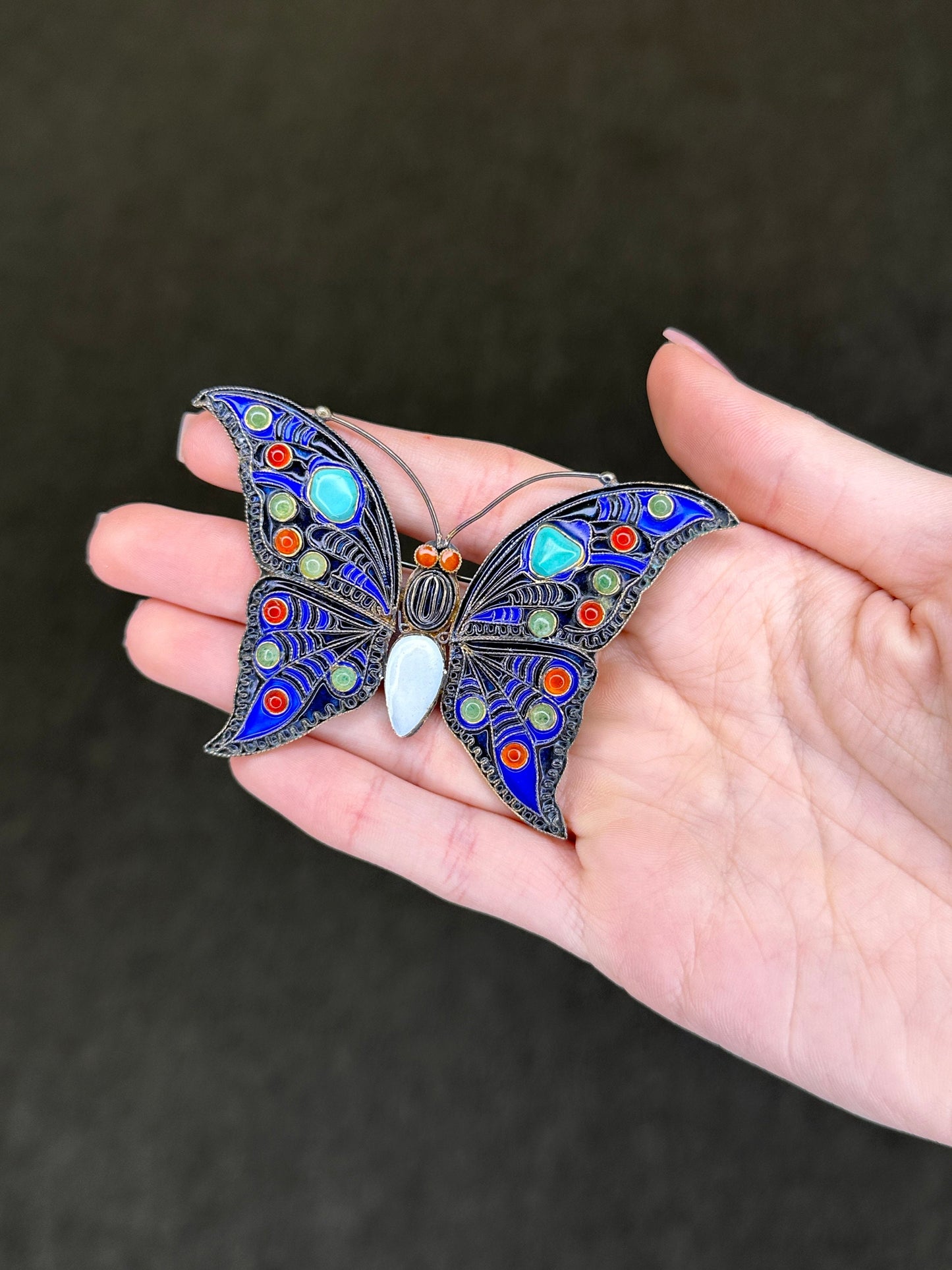 Vintage Silver Brooch Butterfly Enamel Turquoise Sterling