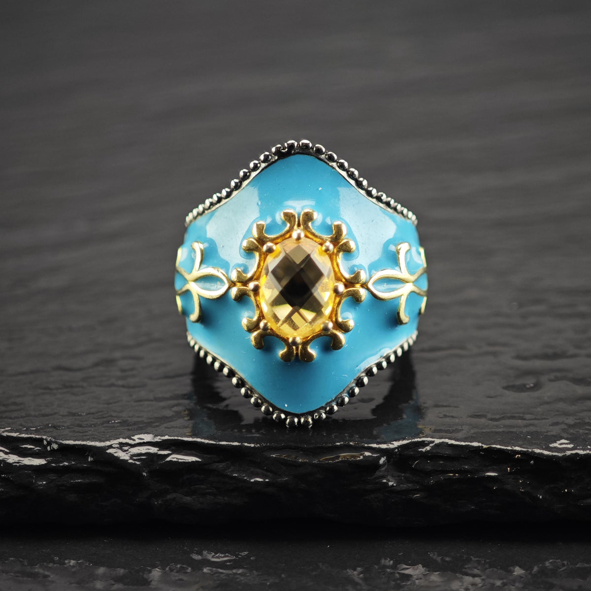 Citrine Blue Enamel Heavy Patina Sterling Silver Ring Sz 6 R6839