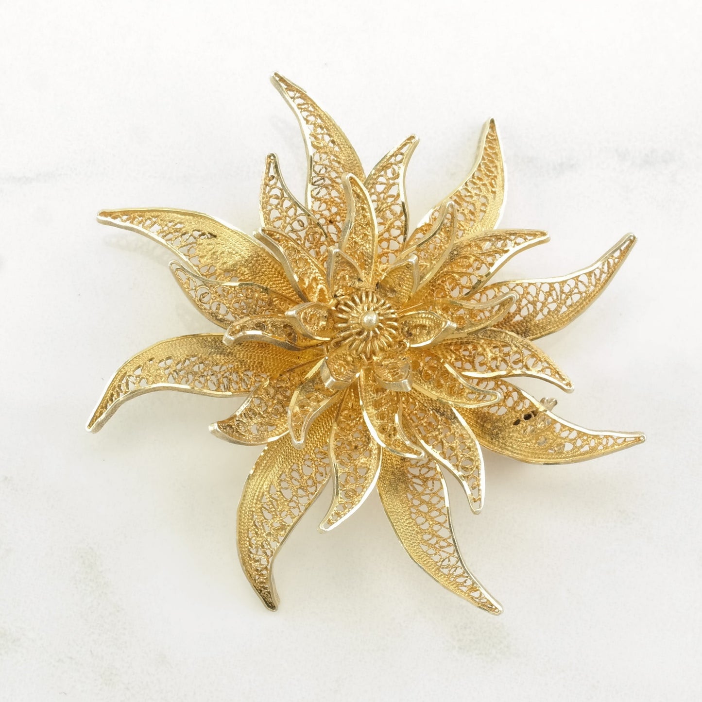 Silver Brooch Gold Tone Flower, Filigree Sterling