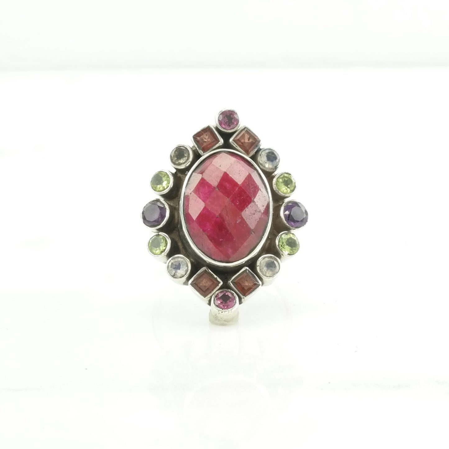 Nicky Butler SilverRing Ruby Cordundum Peridot, Amethyst, Garnet Sterling Pink Size 9