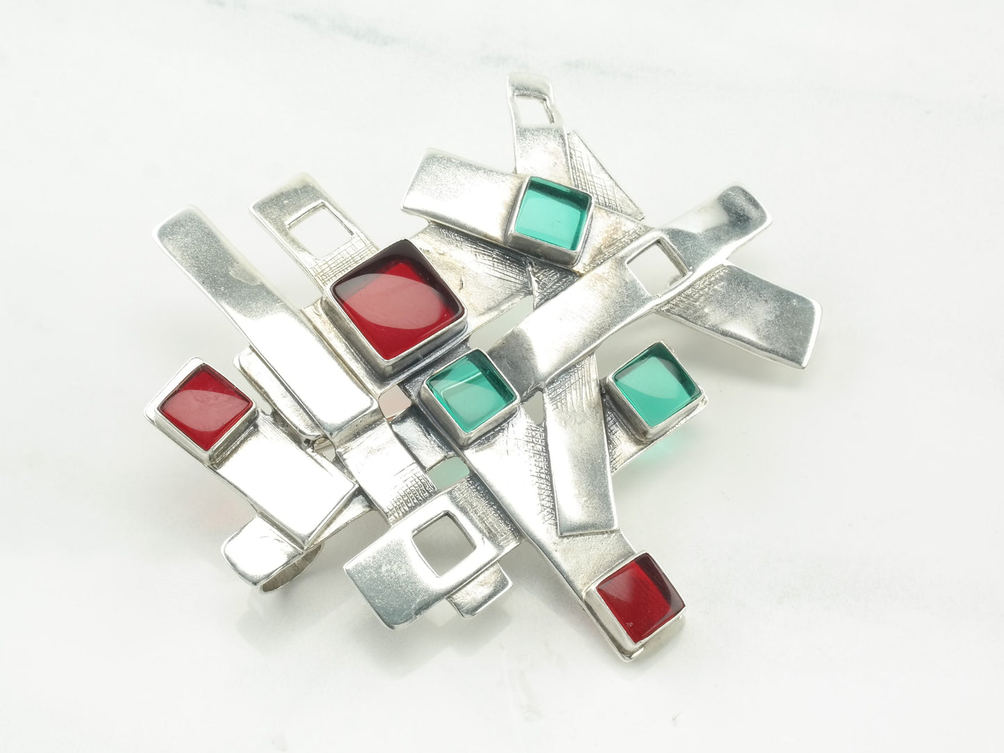 Silver Brooch Pendant Abstract Red Blue Glass Sterling