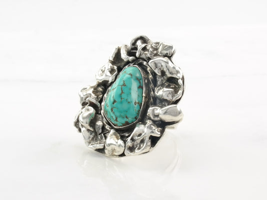 Vintage Southwest Silver Ring Turquoise Brutalist Style Sterling Size 8 1/2