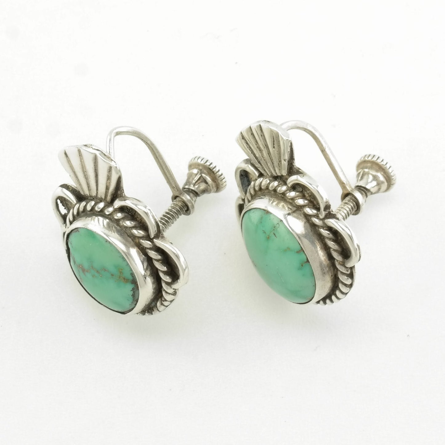 Native American Sterling Silver Turquoise Scallop Earrings Screw back