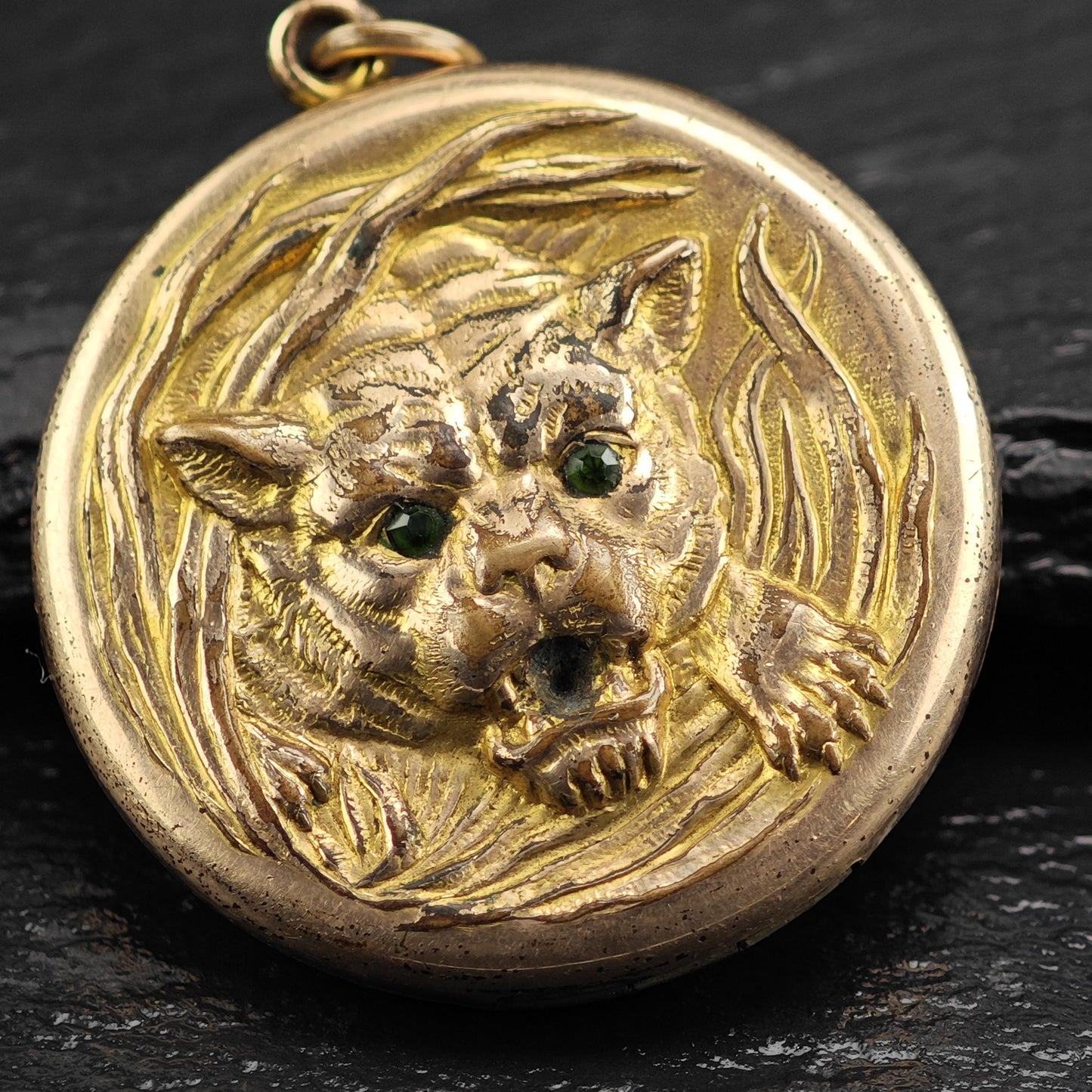 Antique Tiger Locket Gold Filled Pendant P3029