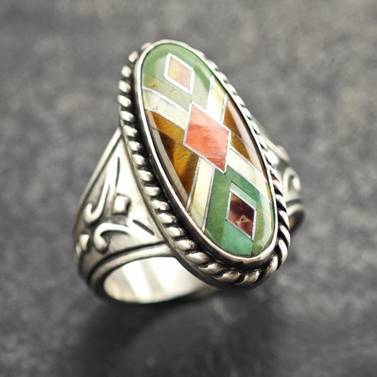 Relios Multistone Inlay Sterling Silver Ring Sz 7 1/4 R6560