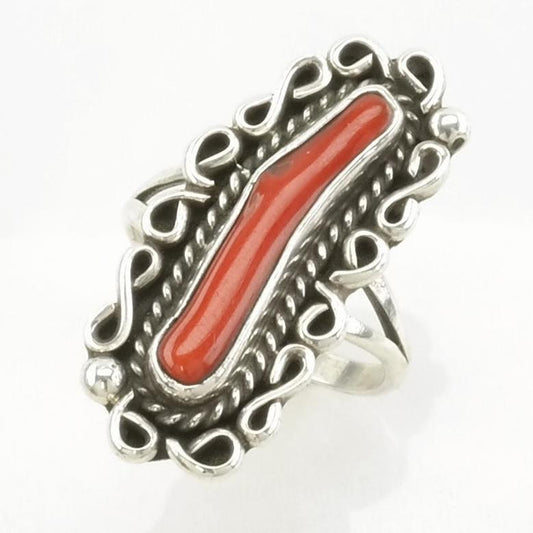 Vintage Native American Silver Ring Coral Navette Sterling Red Size 7 3/4