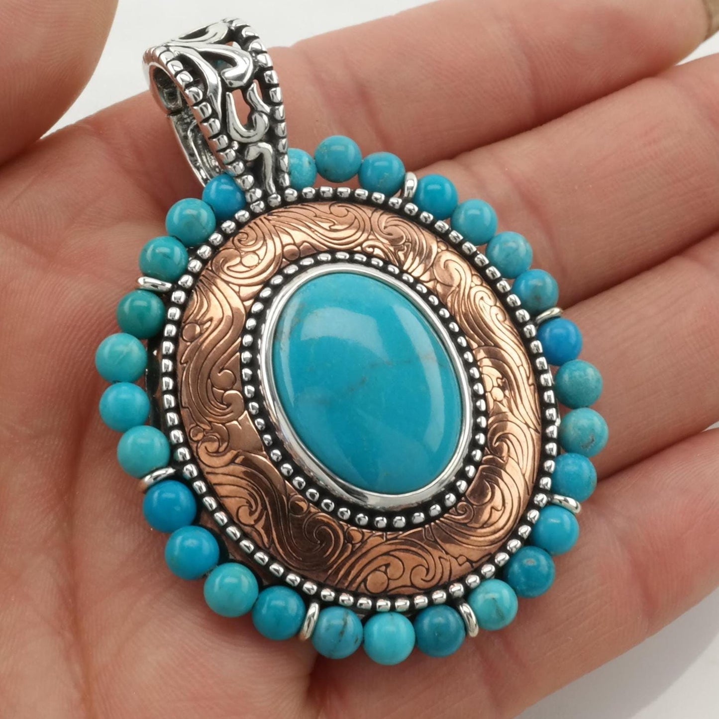 Small Dent Vintage Carolyn Pollack Turquoise Pendant Copper Filigree Sterling Silver