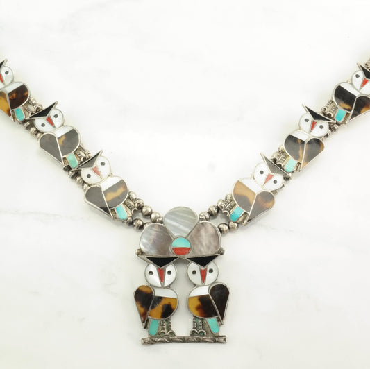 Zuni, Native American Sterling Silver Tiger's Eye, MOP, Onyx Owl, Inlay Squash Blossom Necklace