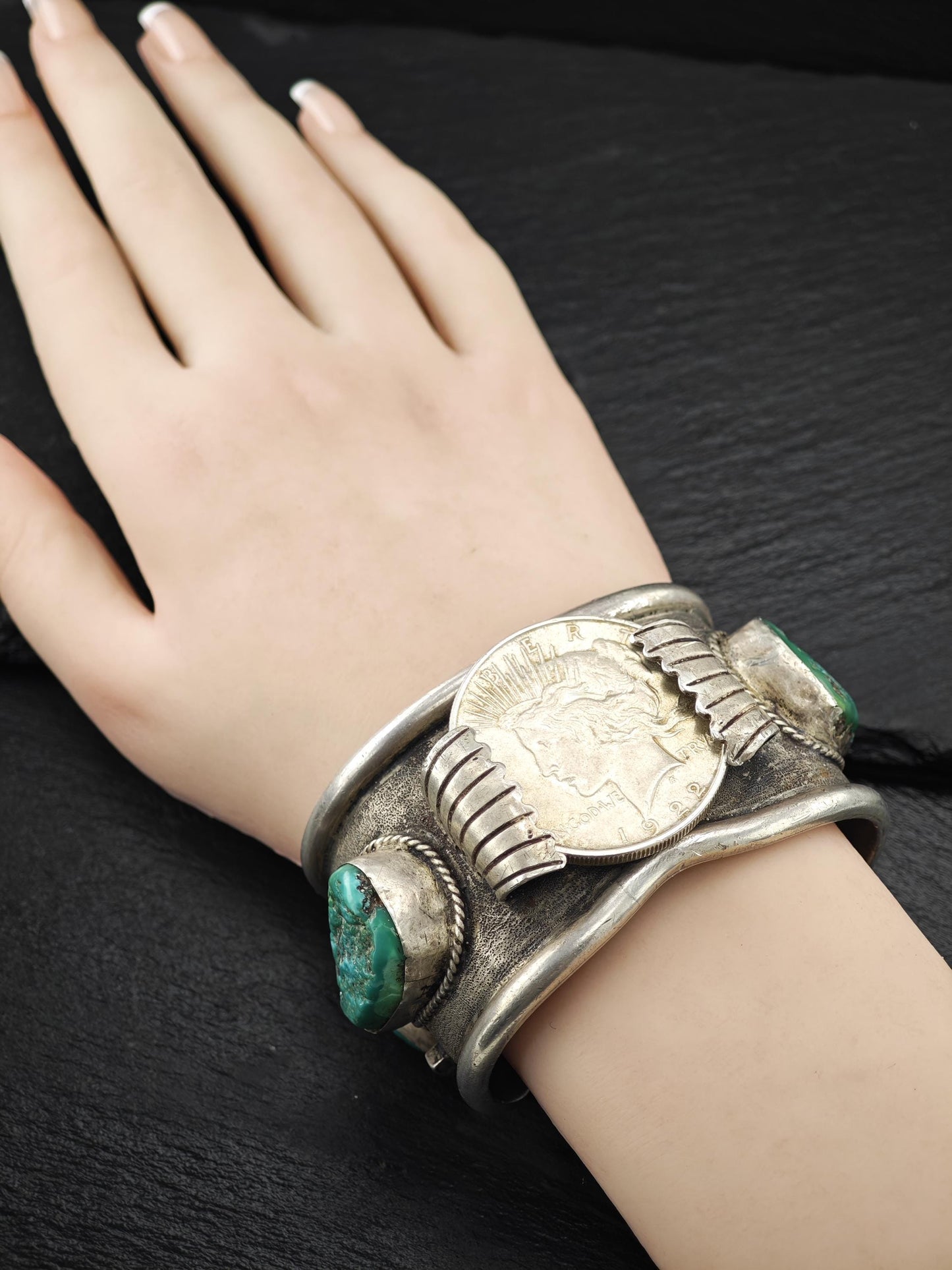 Native American, Turquoise, Coin Cuff Bracelet Sterling Silver