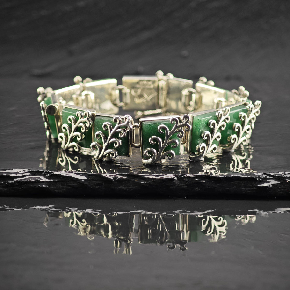 Antonio Pineda Green Gemstone Panel Link Bracelet Sterling Silver Sz 6 3/4" BR3171