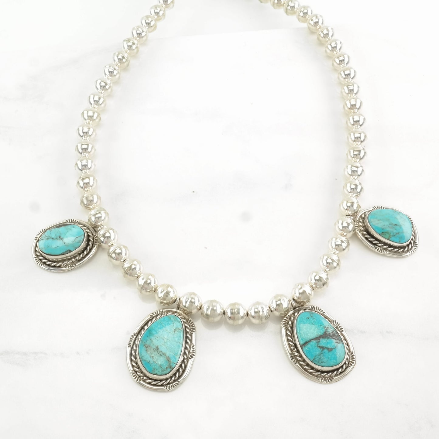 Vintage Native American Sterling Silver Blue Turquoise Stamped Necklace