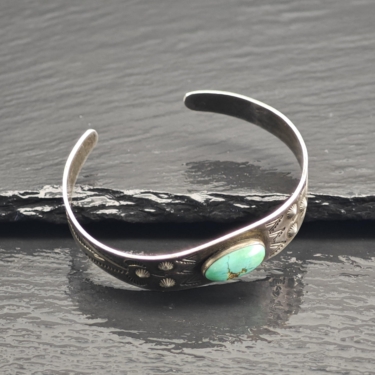 Fred Harvey Era Blue Gem Turquoise Stamped Sterling Silver Cuff Sz 6 1/4" BR3116