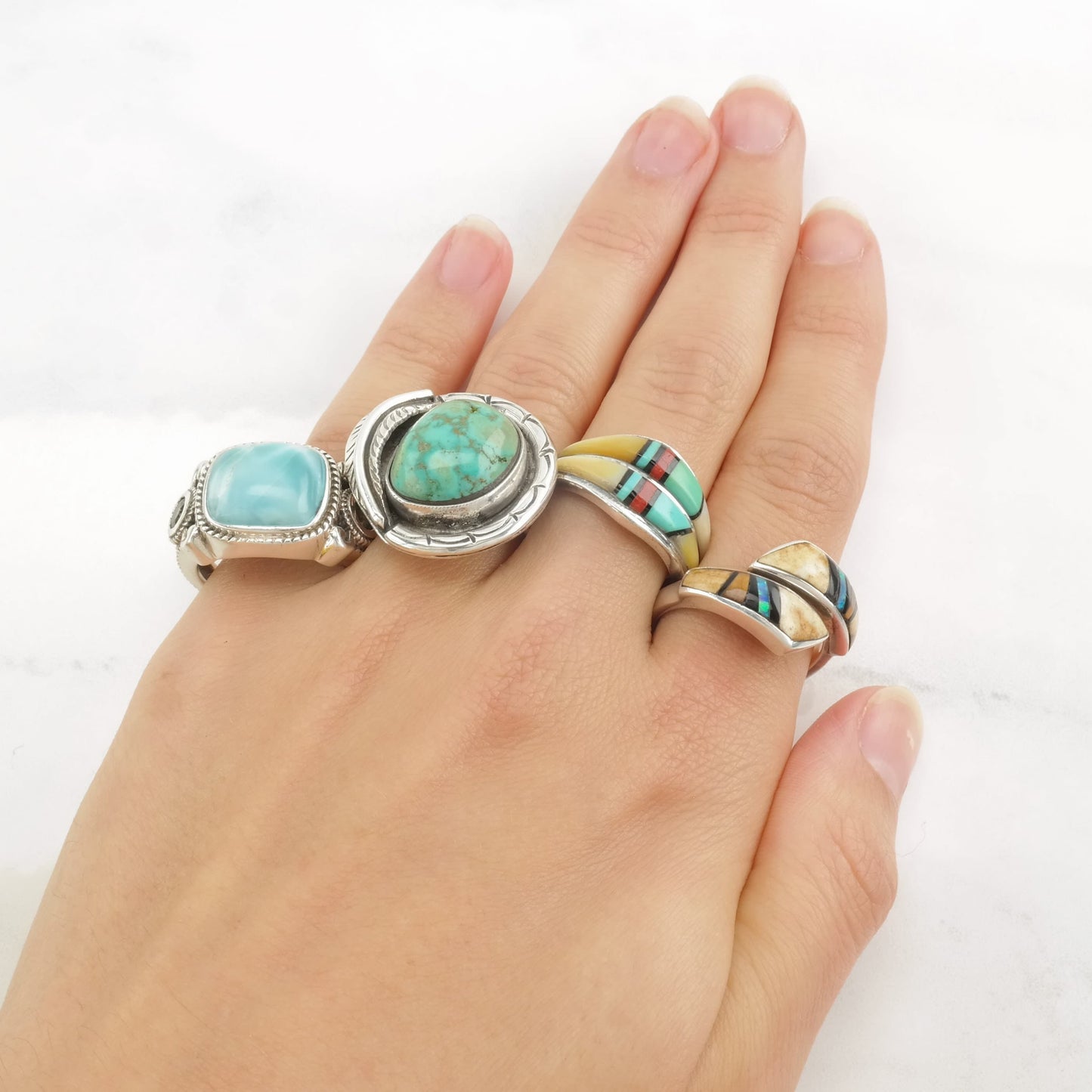 Designer Ring Larimar, Peridot Sterling Silver Size 6 3/4