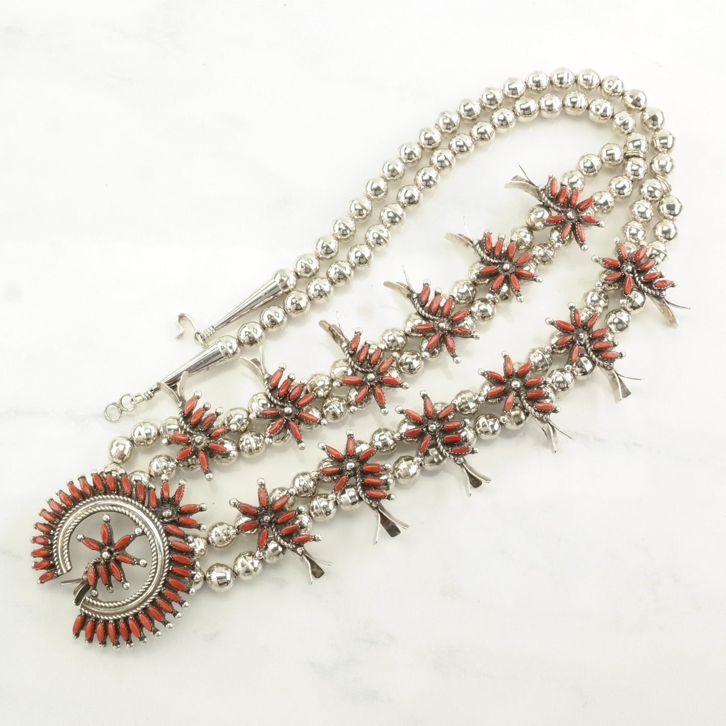Zuni Sterling Silver Red Coral Petit Point Floral Squash Blossom Necklace 28" N2208