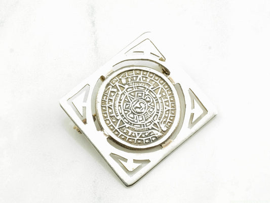 Aztec Calendar Sterling Silver Pendant Brooch