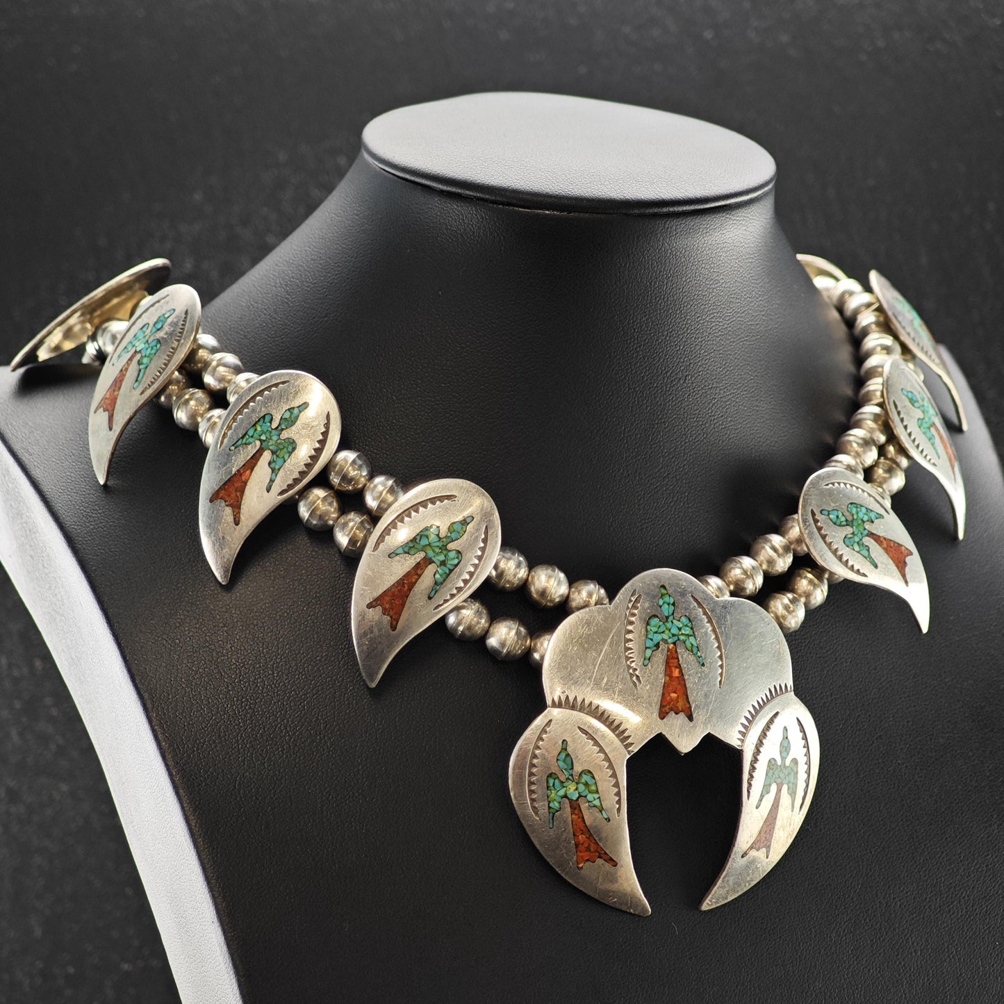 Navajo Turquoise Coral Chip Inlay Peyote Bird Squash Blossom Necklace Sterling Silver N2662