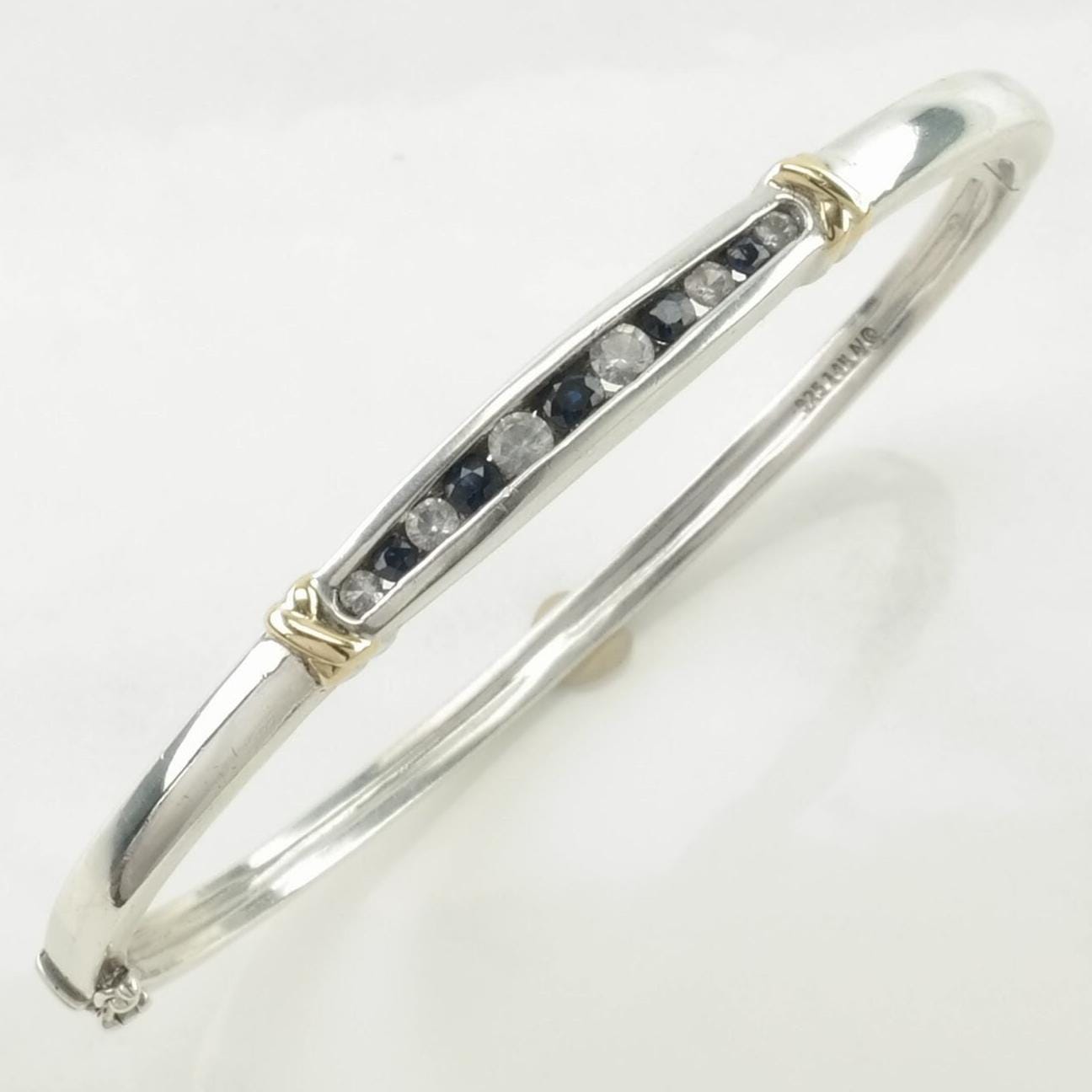 Vintage Designer Sterling Silver Bangle Bracelet Dark Blue, White Sapphire 14k Gold Accent